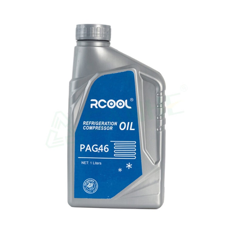 RCOOL PAG46 refrigerant oil bottle for HVAC refrigeration compressors, 1-liter capacity, suitable for air conditioning systems.
